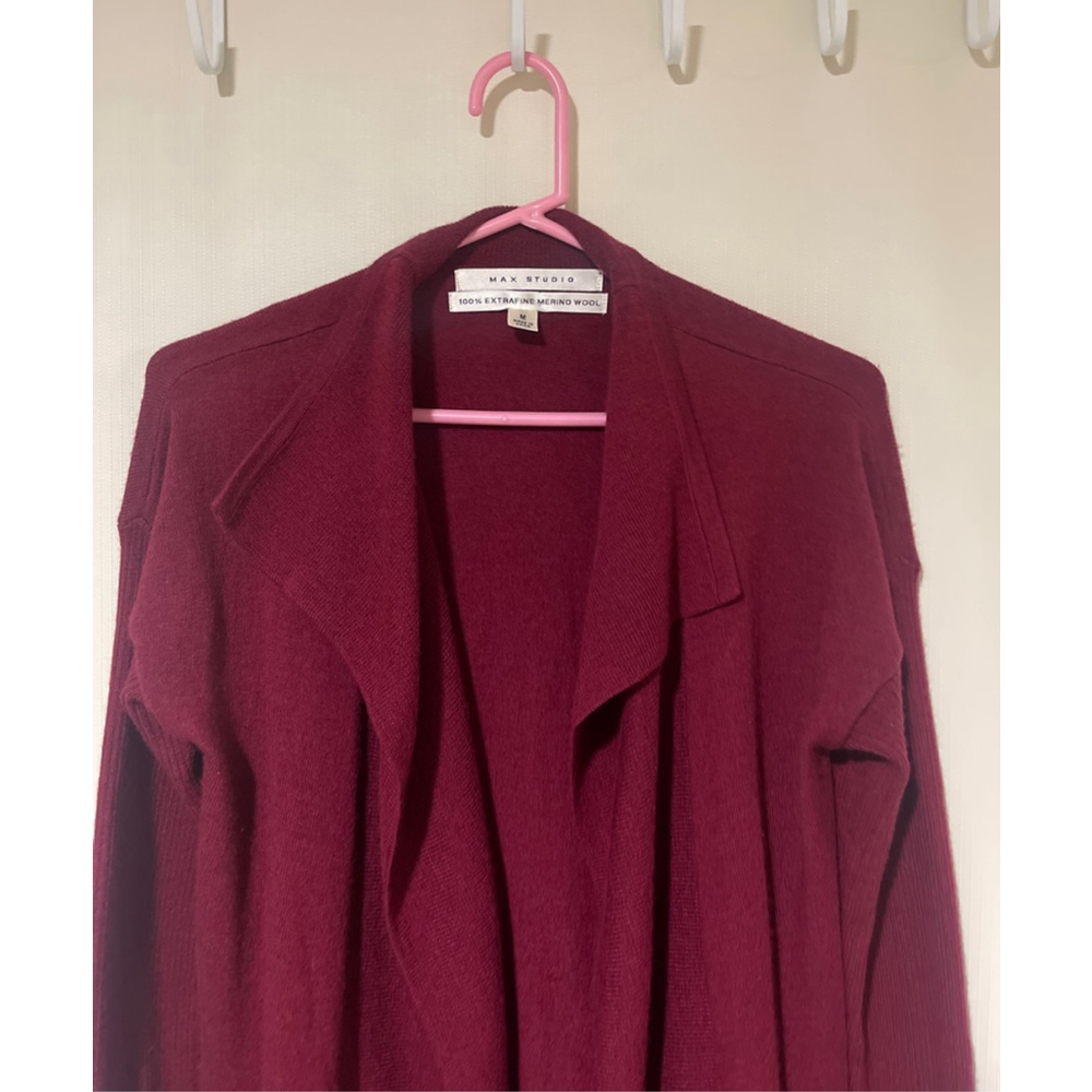 NWOT 100% Merino Wool Max Studio Women’s Burgundy Open Front Sweater Cardigan M - Picture 2 of 8